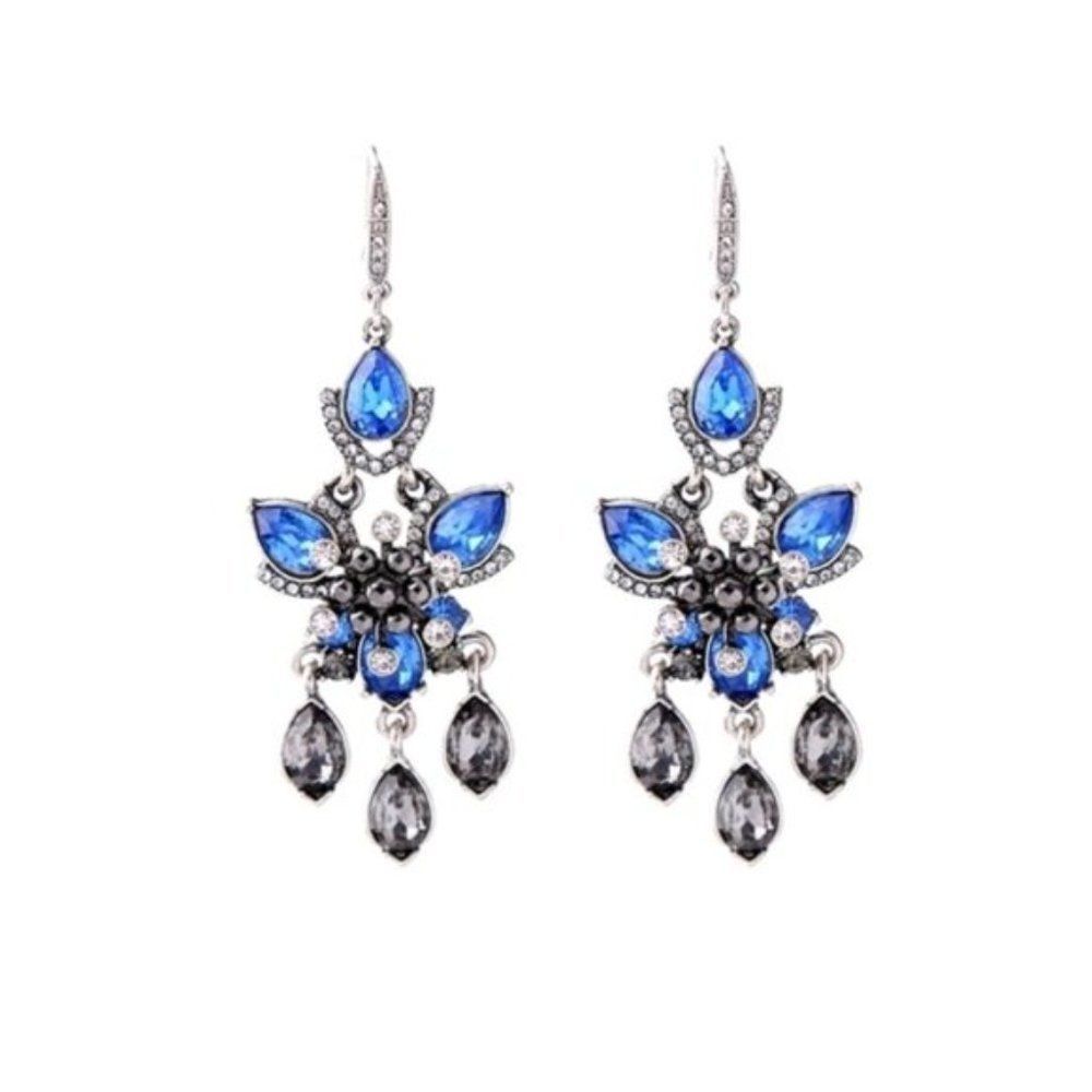 Blue Crystal Flower Silver Vintage Hook Dangle Statement Earrings
